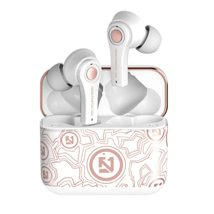 Black and white TWS wireless in-ear headphones with Bluetooth 5.0 and TYPE-C charging case