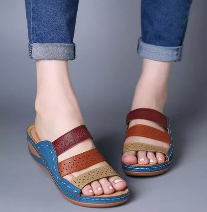 Large Size Women Hollow Out Rainbow Stitching Slippers in Blue, White, and Brown