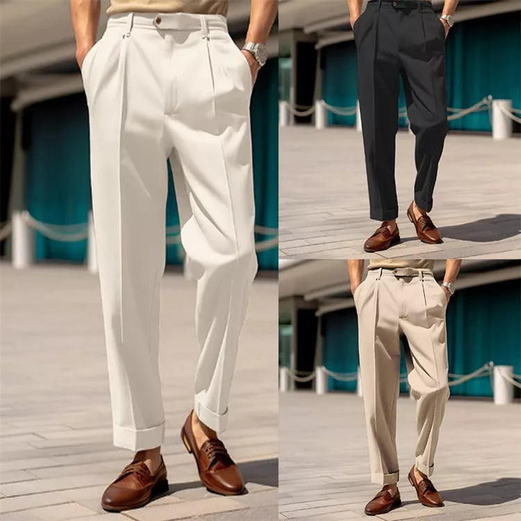 Men's straight fit casual trousers in white, black, and khaki with mid-waist button