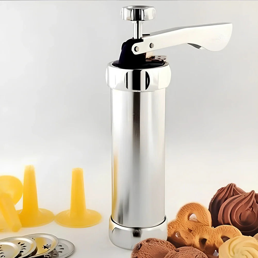 Stainless steel decorating gun baking tool with irregular shape biscuit mould measuring 22cm