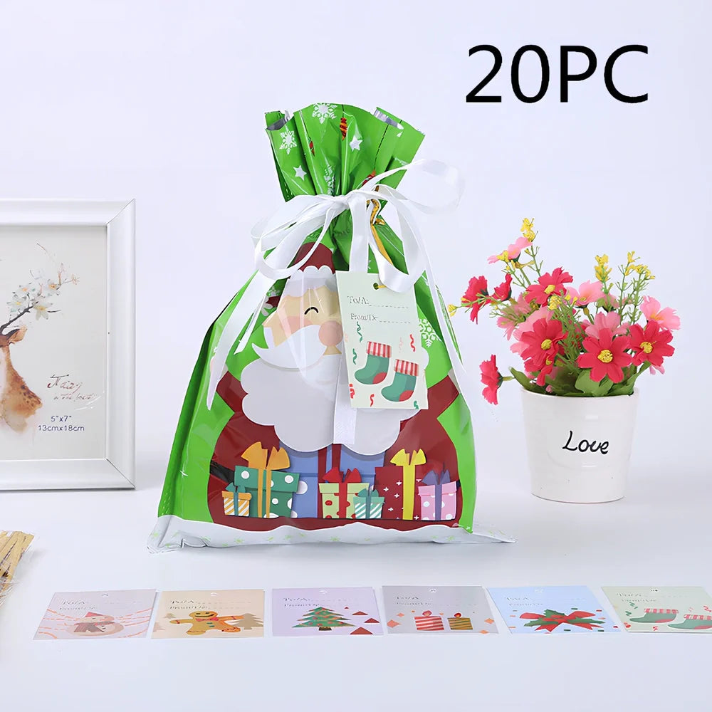 Christmas gift bag with drawstring closure in laser gold finish, 32x24cm dimensions