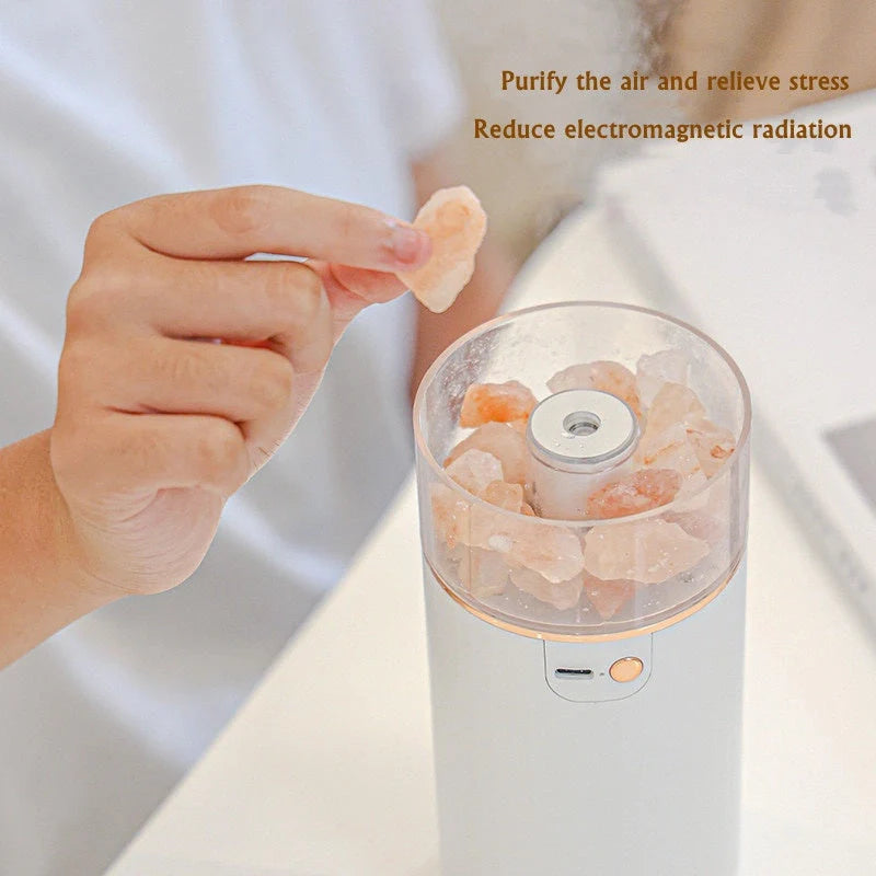 Crystal Salt Stone Air Humidifier with Aromatherapy and LED Lamp on desktop