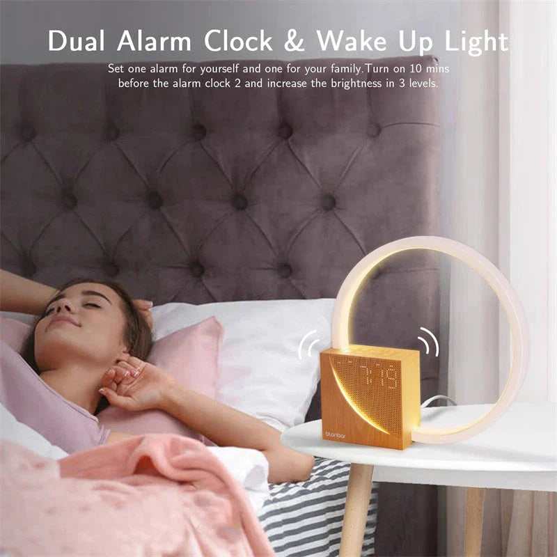 Multifunctional bedside lamp with dimmable LED lights, natural sounds, and alarm clock features