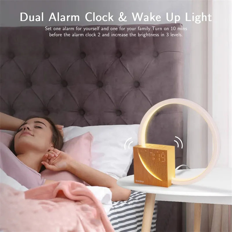 Navy blue touch control bedside lamp with digital alarm clock display and natural sounds functions
