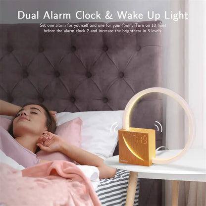 Navy blue touch control bedside lamp with digital alarm clock display and natural sounds functions