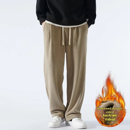 Men's double-sided polar fleece-lined trousers in apricot, black, or dark grey with elastic waist and loose fit for winter.