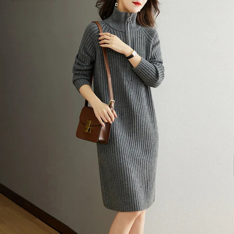 Women's beige casual long sleeve dress with half zip front and stand collar, loose straight fit.