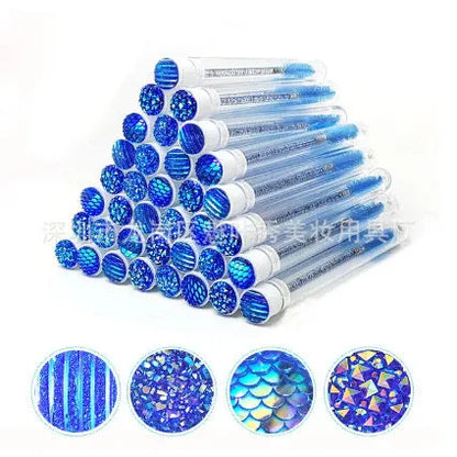 Disposable eyelash brushes in plastic storage tubes with spiral brush heads in four colours