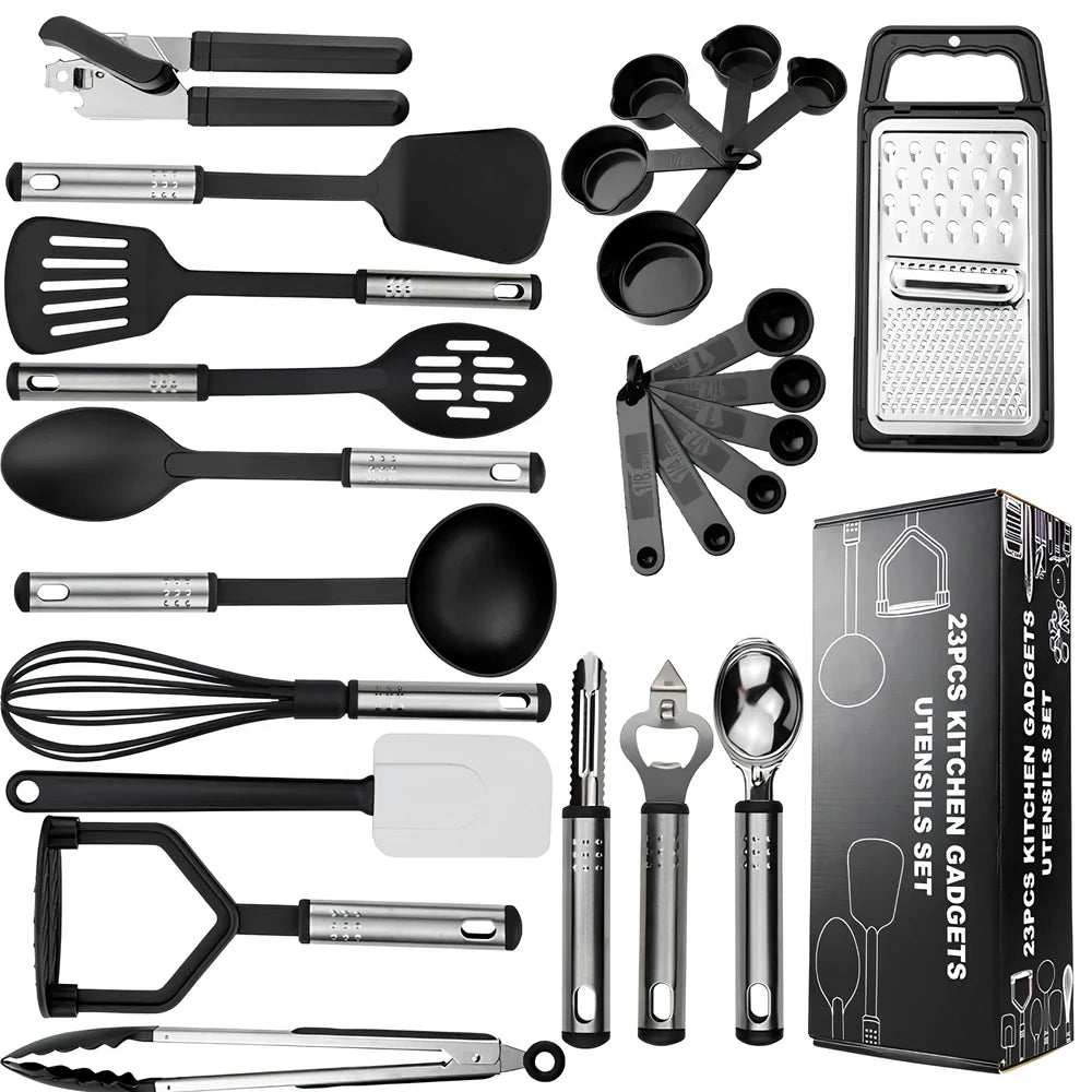 25-piece kitchen utensil set with hanging holes showing silicone heads and stainless steel handles organised on wall hooks