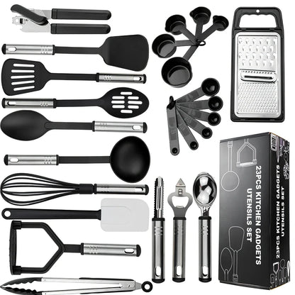 25-piece kitchen utensil set with hanging holes showing silicone heads and stainless steel handles organised on wall hooks