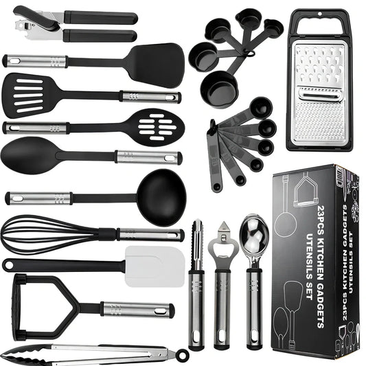 25-piece kitchen utensil set with hanging holes showing silicone heads and stainless steel handles organised on wall hooks