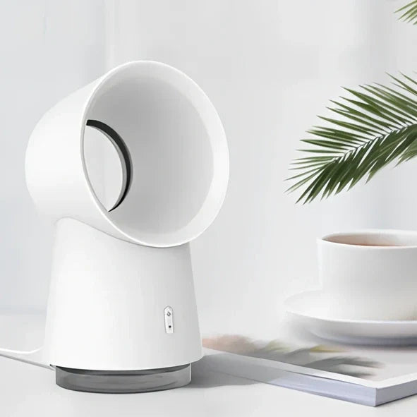 White desktop bladeless fan with humidification function, USB powered office cooler