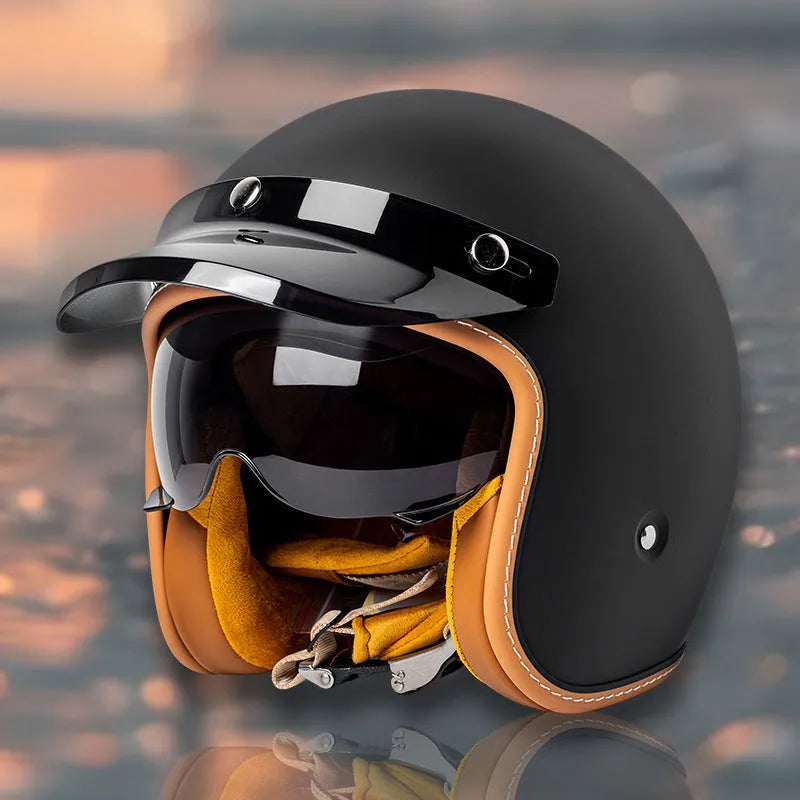 Retro-style motorcycle half helmet in ABS construction showing colour options and size range from S to XXL