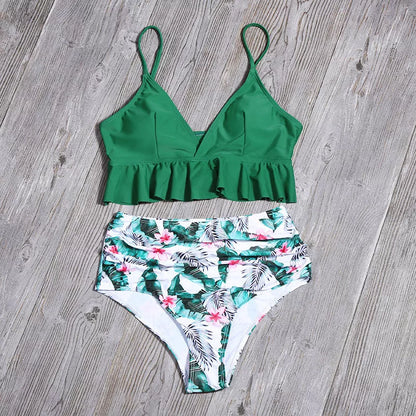Women's floral print ruffle bikini swimsuit in green and white, sizes S to XL