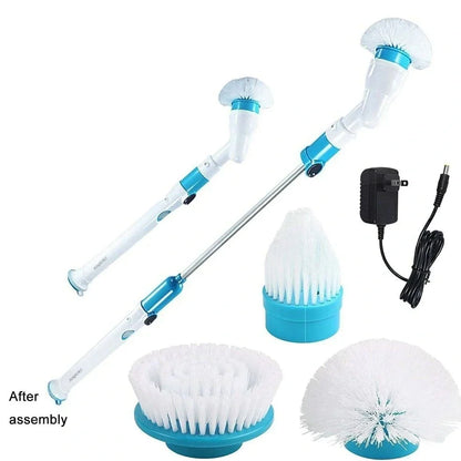 Blue rechargeable electric cleaning brush with retractable extension rod and three interchangeable brush heads