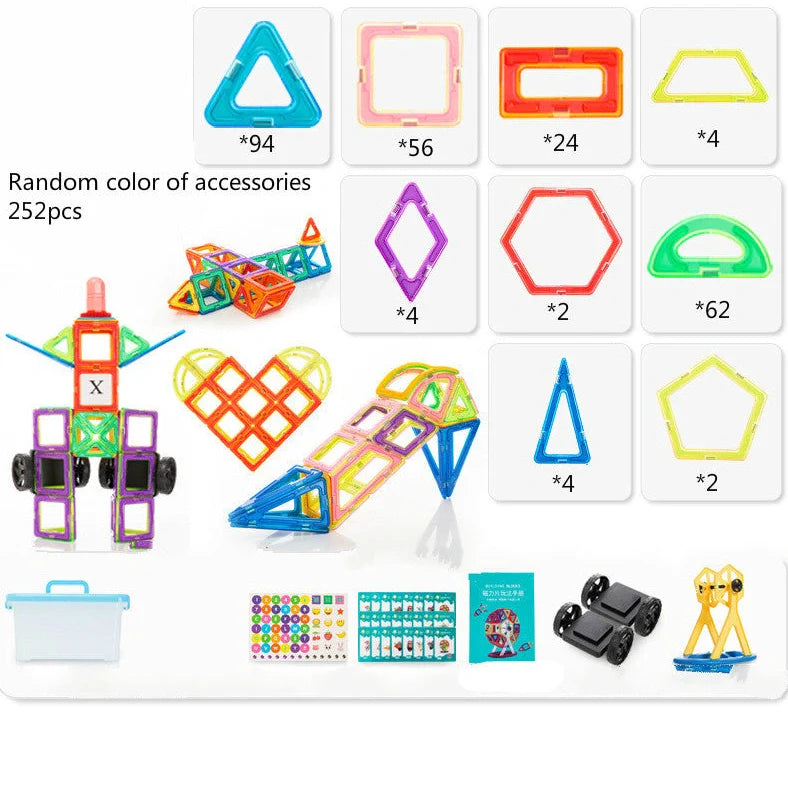 Magnetic building blocks in multiple colours arranged in geometric construction
