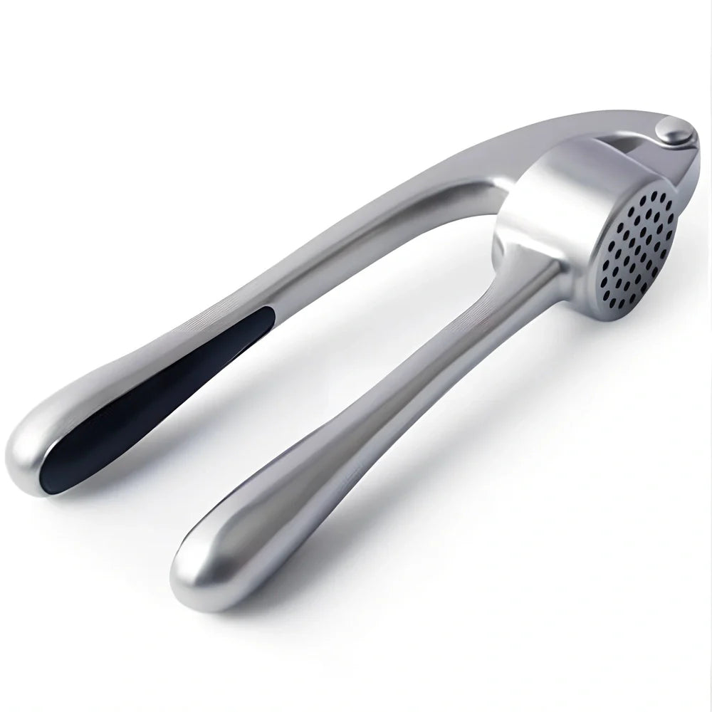 Manual garlic press with 17cm zinc alloy construction and long groove design for efficient garlic crushing