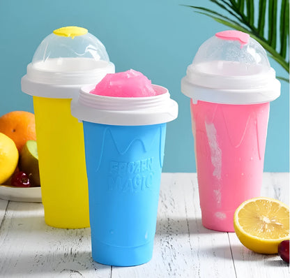 Silicone quick-freeze slush maker cup in mint green with lid and straw spoon