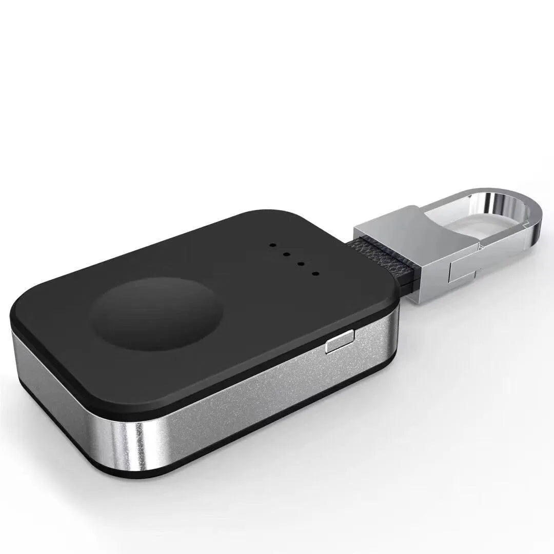 Black Apple Watch keychain charger showing 127mm length, 41mm width, with 1000mAh battery capacity