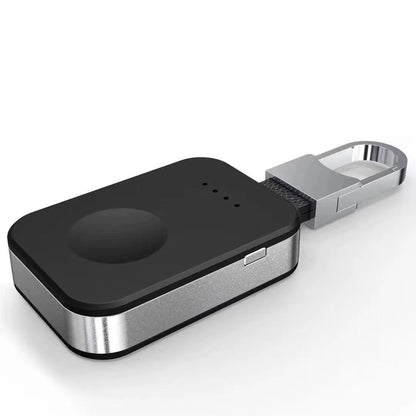 Black Apple Watch keychain charger showing 127mm length, 41mm width, with 1000mAh battery capacity