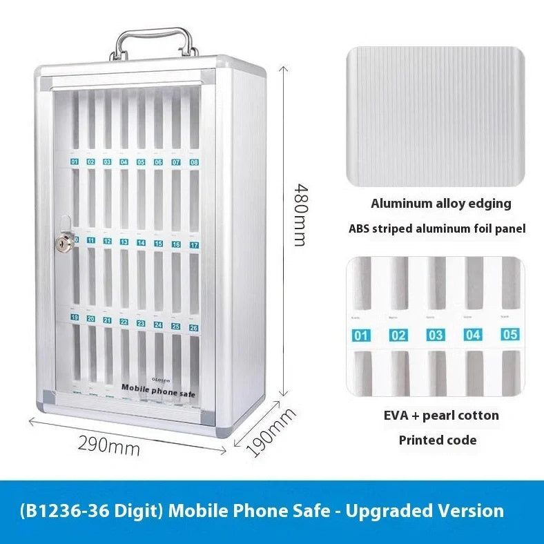 Silver aluminium alloy mobile phone storage cabinet with multiple compartments for device organisation