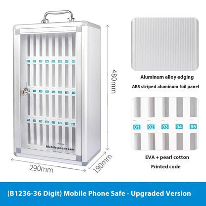 Silver aluminium alloy mobile phone storage cabinet with multiple compartments for device organisation