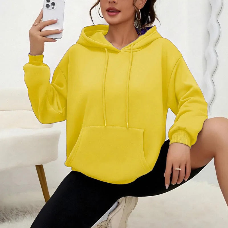 Women's loose grey sweatshirt with drawstring neck and front pocket, long sleeves, available in 17 colours
