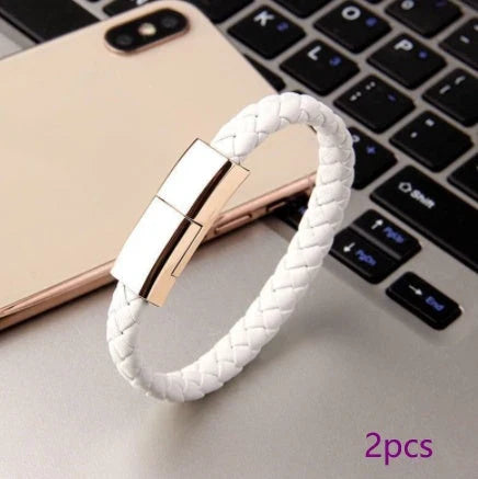 Stylish bracelet charging cable with premium leather and zinc alloy construction, compatible with iPhones, Android, and USB-C devices