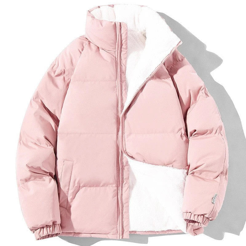 A plush, cozy winter jacket with a stand-up collar and pockets, available in a variety of colors for couples
