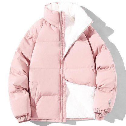 A plush, cozy winter jacket with a stand-up collar and pockets, available in a variety of colors for couples