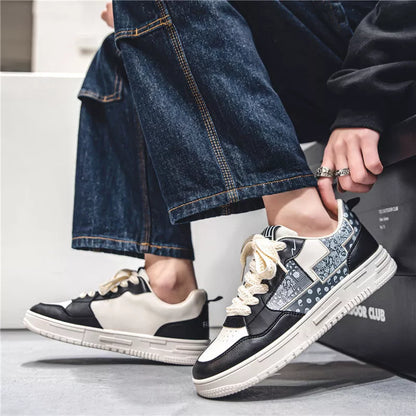 Male Student Sports Casual Shoes in beige, white and blue, and beige and black with mesh lining and rubber sole