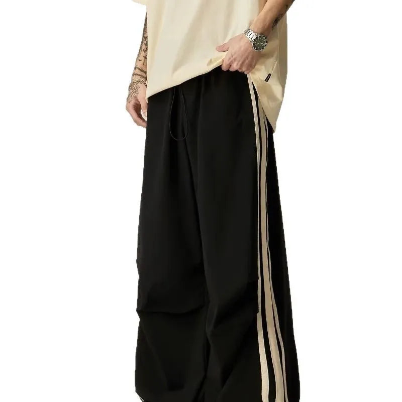 Black wide leg climbing pants for men with high waist and straight-leg design, sizes M to 3XL