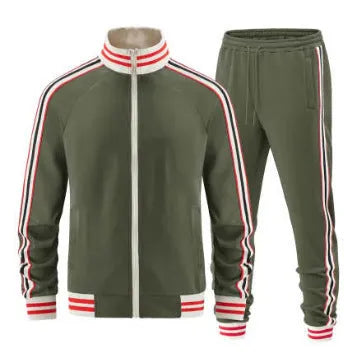 Turtleneck zipper cardigan top and trousers suit in khaki colour, street-style leisurewear with sizes S to 6XL