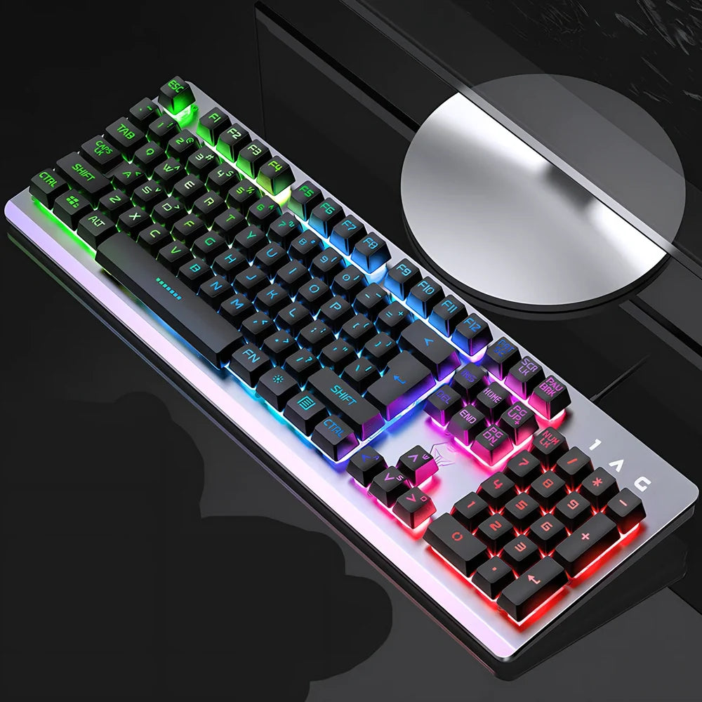 K002 metal gaming keyboard with rainbow backlighting and 104-key layout showing USB connection
