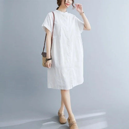 Literary Loose Plain Cotton and Linen Stand Collar Short Sleeves Dress in black and white