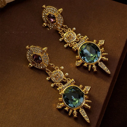 Gold retro geometric alloy stud earrings with court design and round elements