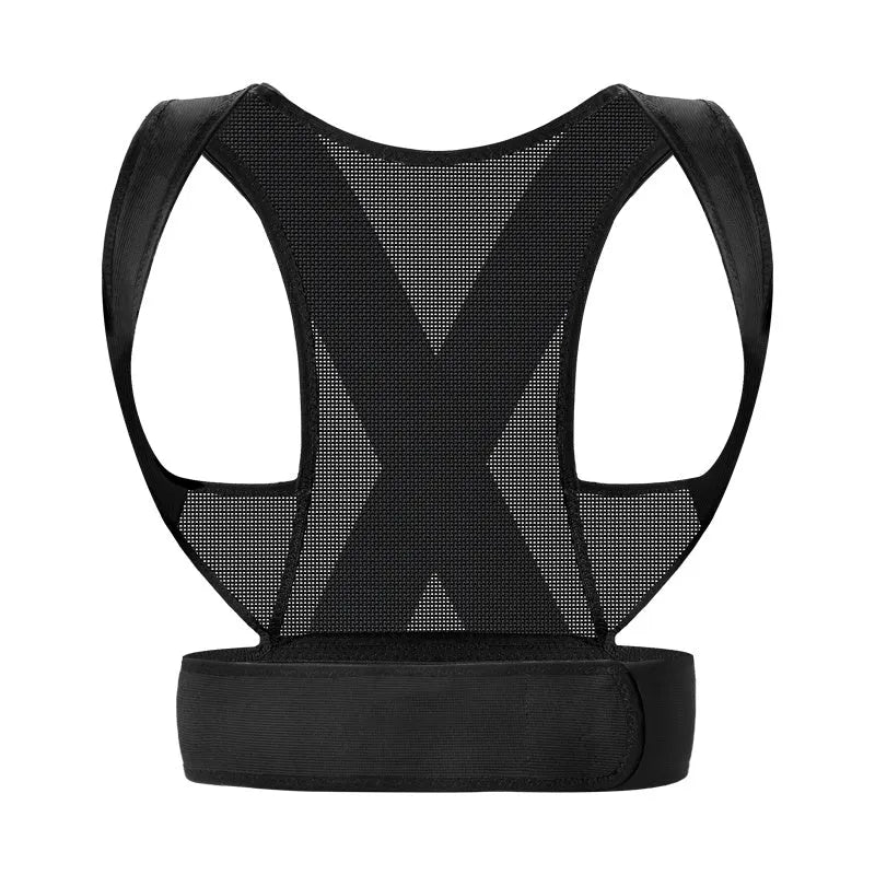 Man wearing a beige adjustable posture correction belt showing the hollow O back design and front straps.
