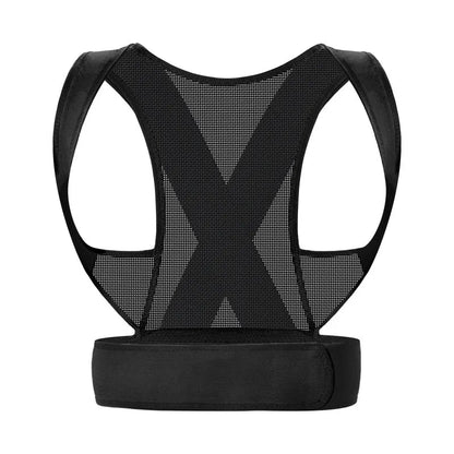 Man wearing a beige adjustable posture correction belt showing the hollow O back design and front straps.