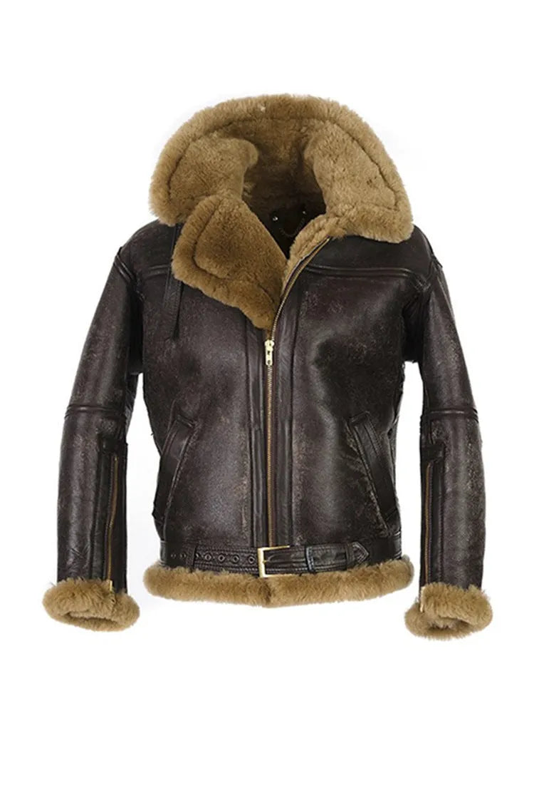 Men's brown retro synthetic leather fur coat with side pockets, shown as winter outerwear.