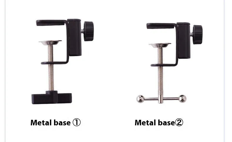Black foldable metal desktop bracket holding tablet with adjustable cantilever arm