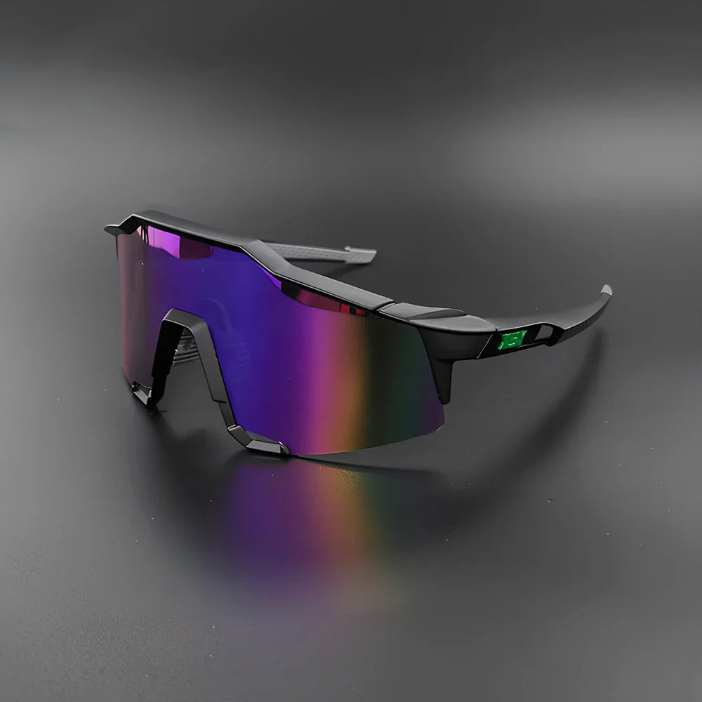 Cycling glasses with interchangeable lenses showing UV400 protection and lightweight frame design