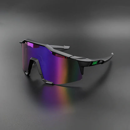 Cycling glasses with interchangeable lenses showing UV400 protection and lightweight frame design