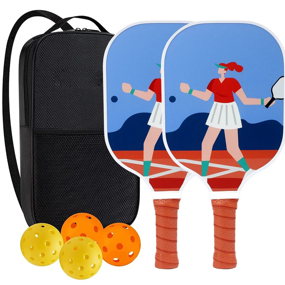 Peak Racket fibreglass squash set showing two rackets and four balls for complete playing equipment