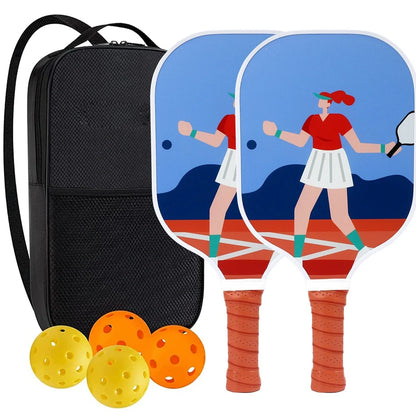 Peak Racket fibreglass squash set showing two rackets and four balls for complete playing equipment