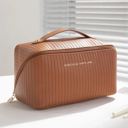 Vertical pattern pillow makeup bag with cubic 22.5x12.5x12.5cm dimensions in beige, black, brown, grey or pink