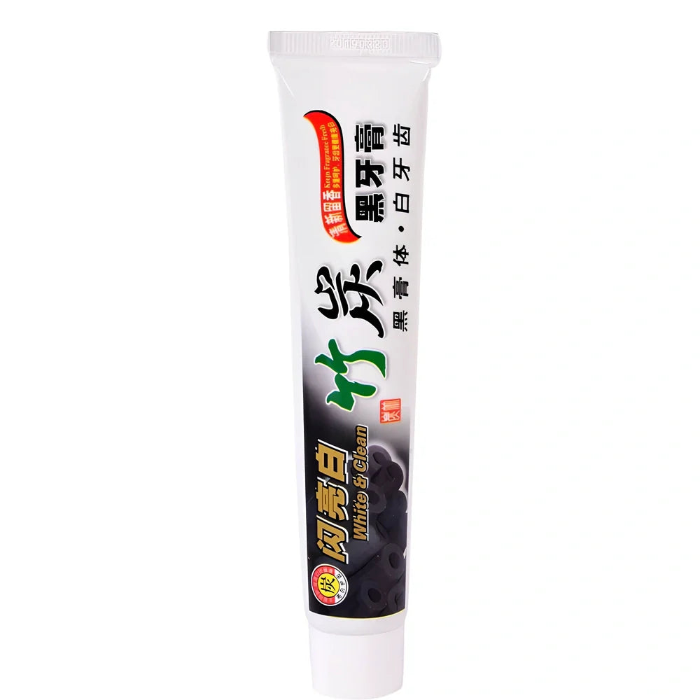 Bamboo charcoal toothpaste tube with black formula for dental stain removal and oral bacteria elimination