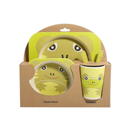 5-piece eco-friendly bamboo fiber children's tableware set with animal designs, including plate, bowl, cup, fork, and spoon