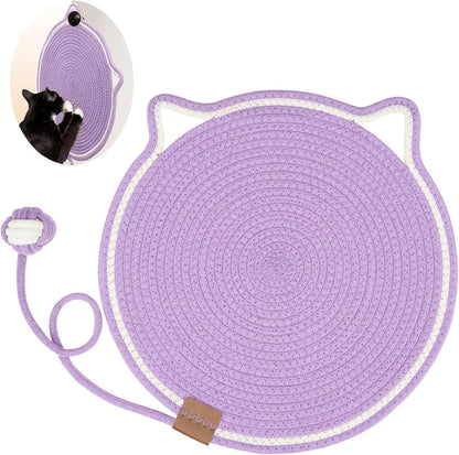 Braided cotton rope cat claw mat with integrated toy ball in various colors