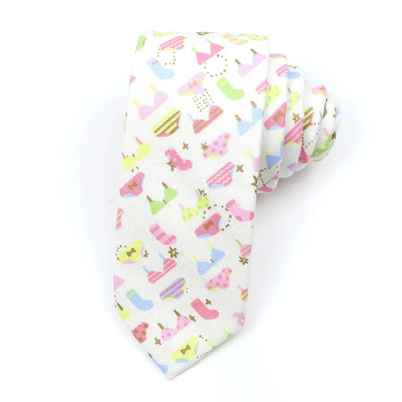 A narrow Korean-style cotton bow tie featuring a cartoon print, shown in a selection of colours.
