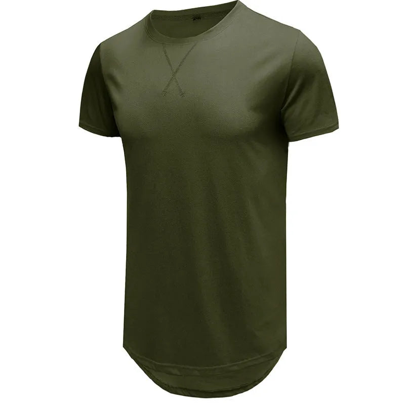 Men's slim fit cotton hip hop t-shirt in khaki colour, short sleeved, laid flat.